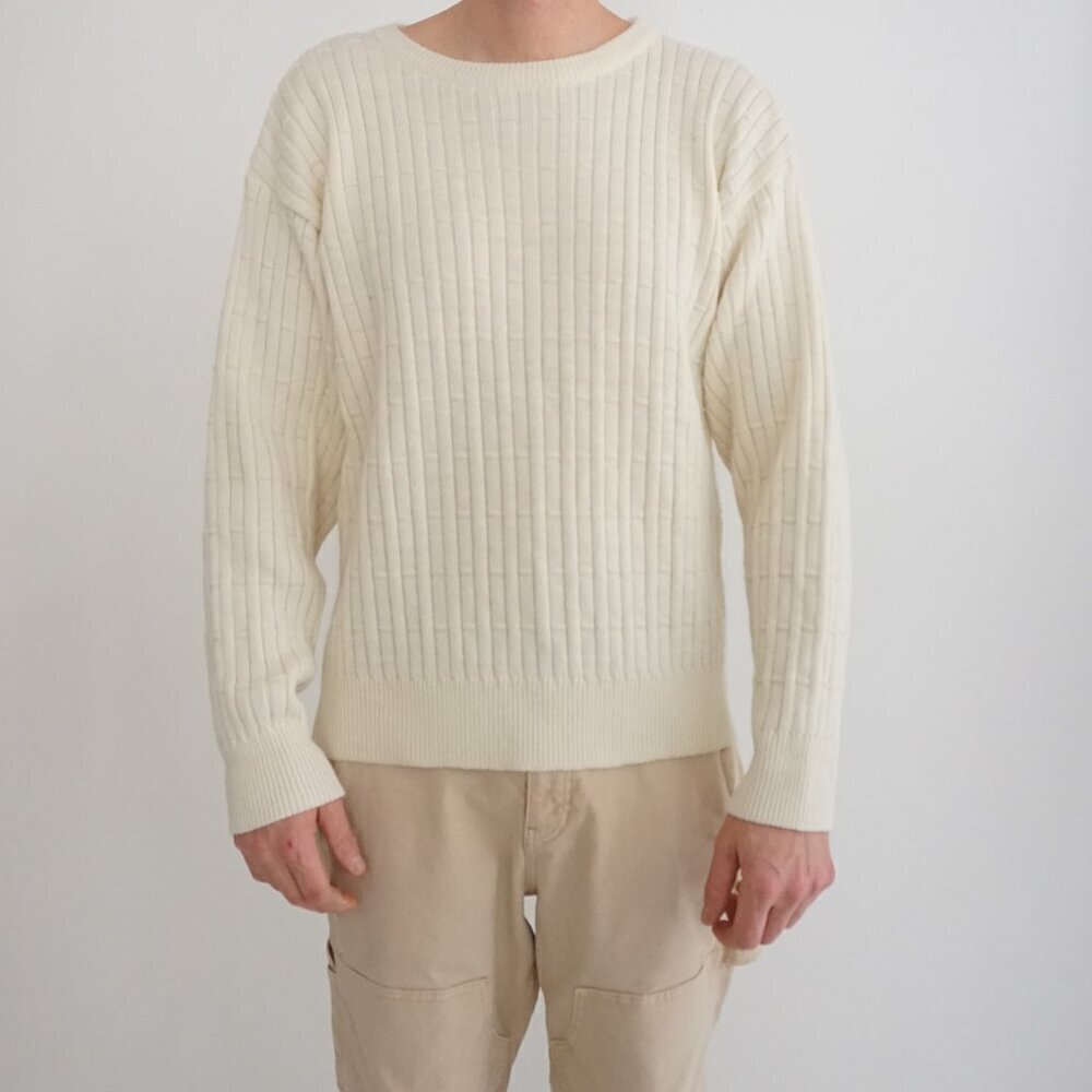 Vintage Fox Cream Fine Knit 3D Eclectic Grandpa Crewneck Sweater Medium